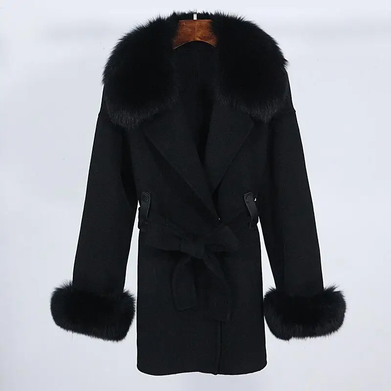 

Autumn/Winter New Fox Hair Collar High end Double sided Cashmere Coat Women's Mid length Woolen Coat 2024