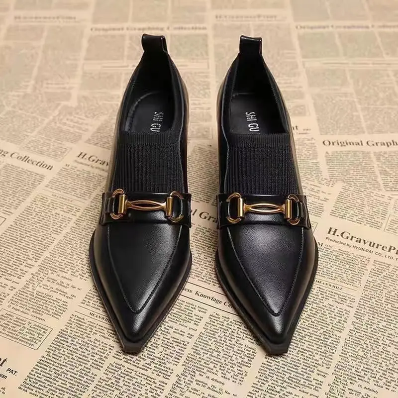 

Туфли на толстом каблуке с металлической пряжкой. Осенний новый стиль. Острый носок. Глубокий носок. Одношаговые нескользящие износостойкие туфли на высоком каблуке.