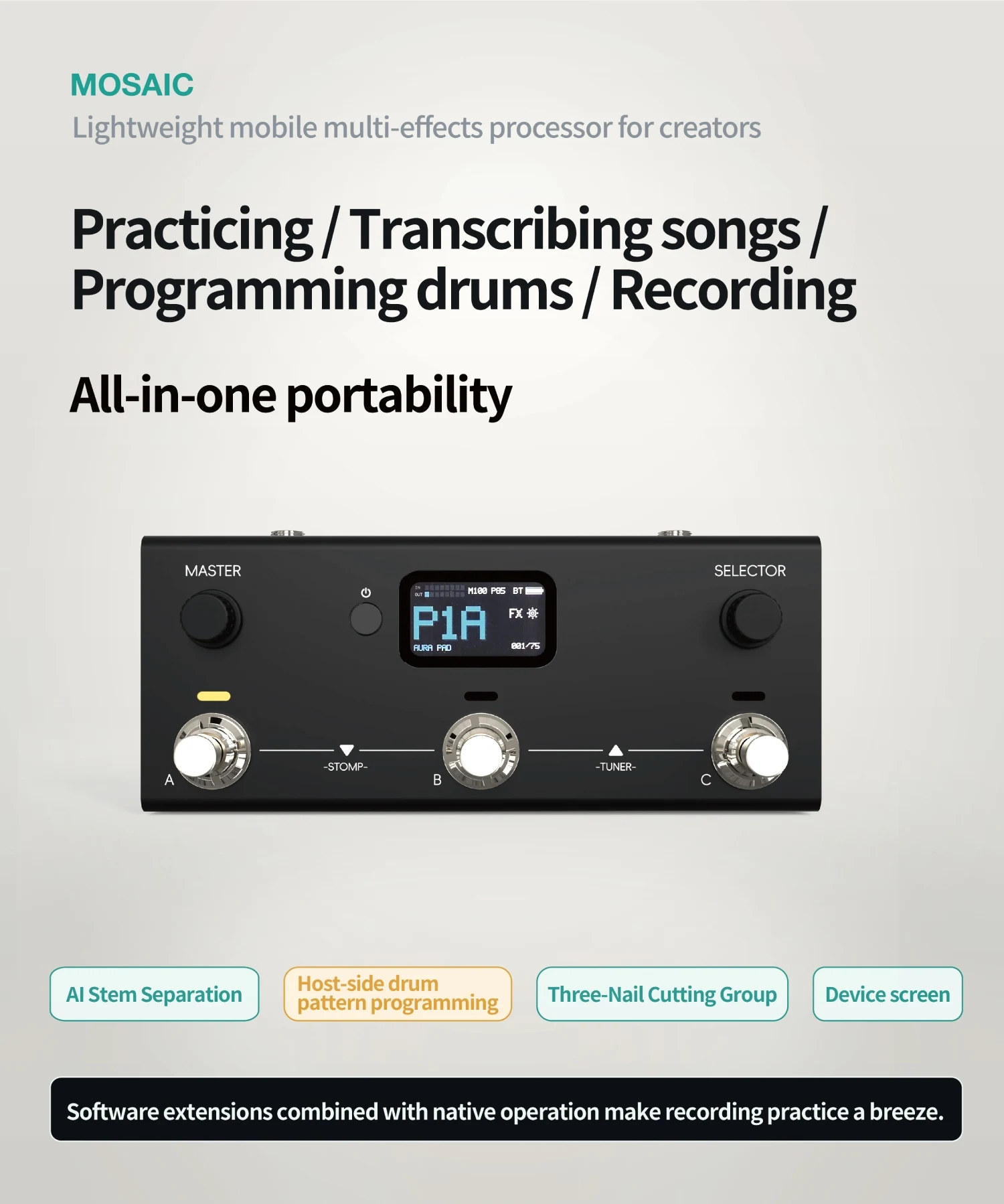 LIVTRA MOSAIC – Mobile FX for Creators – 30 Amps/Cabs, IR/NAM, 3-Switch, 8hr Battery, USB-C Rec, AI, Drum, APP. Play Anywhere.