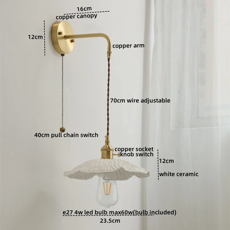 Imagem -02 - Iwhd-ceramic Copper Led Wall Light Luminárias Modernas para Banheiro Quarto Sala de Estar Puxar Cadeia Interruptor Cabeceira Lâmpada Applique Murale