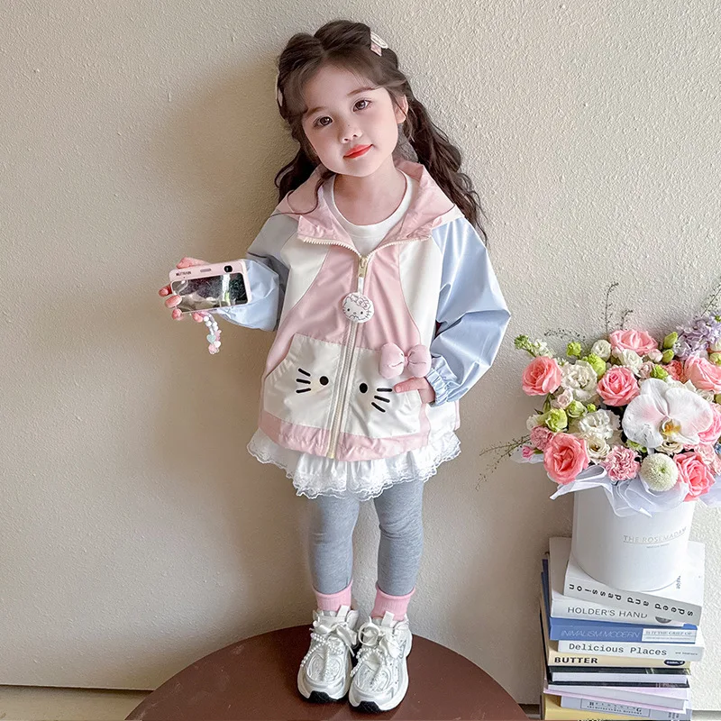 

Kawaii Sanrio Hello Kitty студенческая милая мультяшная ветрозащитная куртка с длинными рукавами и капюшоном, детская одежда, толстовка с капюшоном, подарок для детей