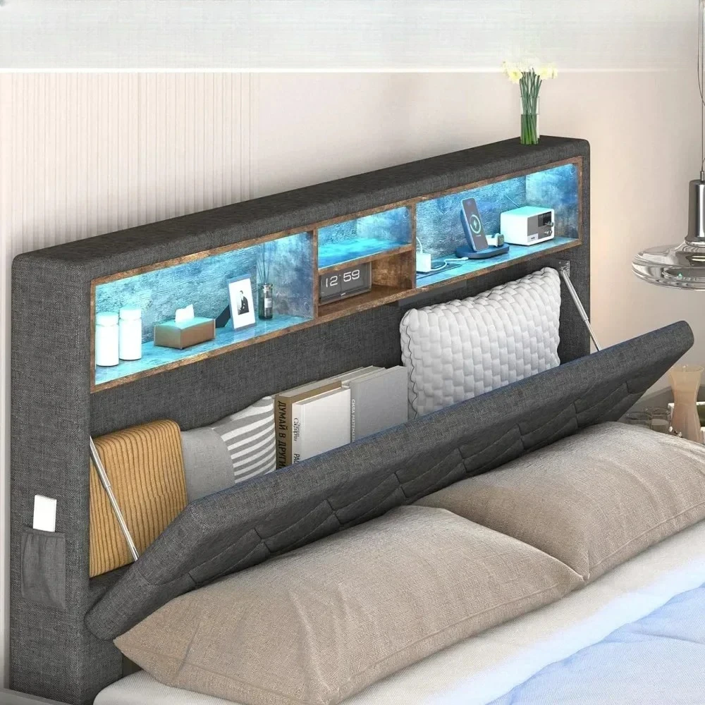 ##For LED Bed Frame with Headboard, Queen Platform Bed Frames with Storage Drawers and Charging Station, Queen Size Bed Frame&