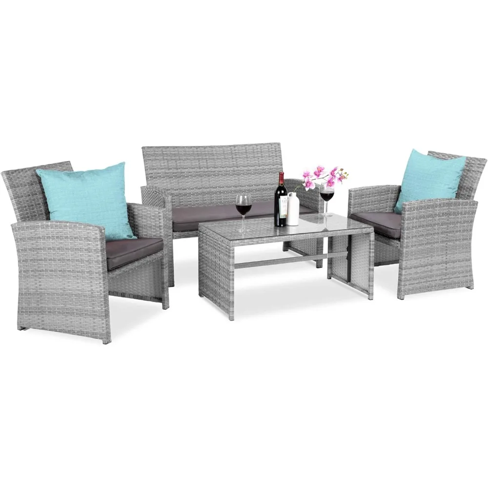 

4-Piece Outdoor Wicker Patio Conversation Furniture Set for Backyard w/Coffee Table, Seat Cushions