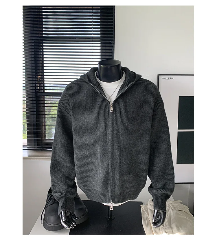 2026 New Autumn Winter Simple Solid Color Knitted Hoodie Men Japan Korean Fashion Casual Loose Double Zipper Hooded Jacket