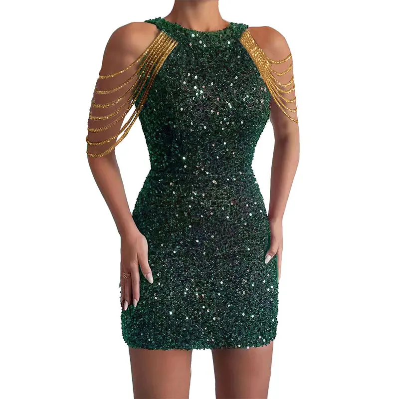 Sexy Halter Club Short Mini Dress for Women Sparkle Sequin Beading Night Out Dresses Ladies Bodycon Party Gown Summer Mermaid