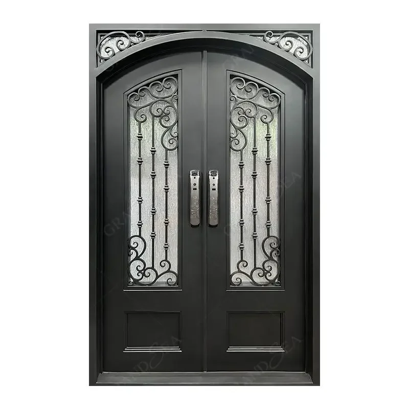 House modern exterior security metal steel double open wrought iron front entry doors with intelligent smart lock