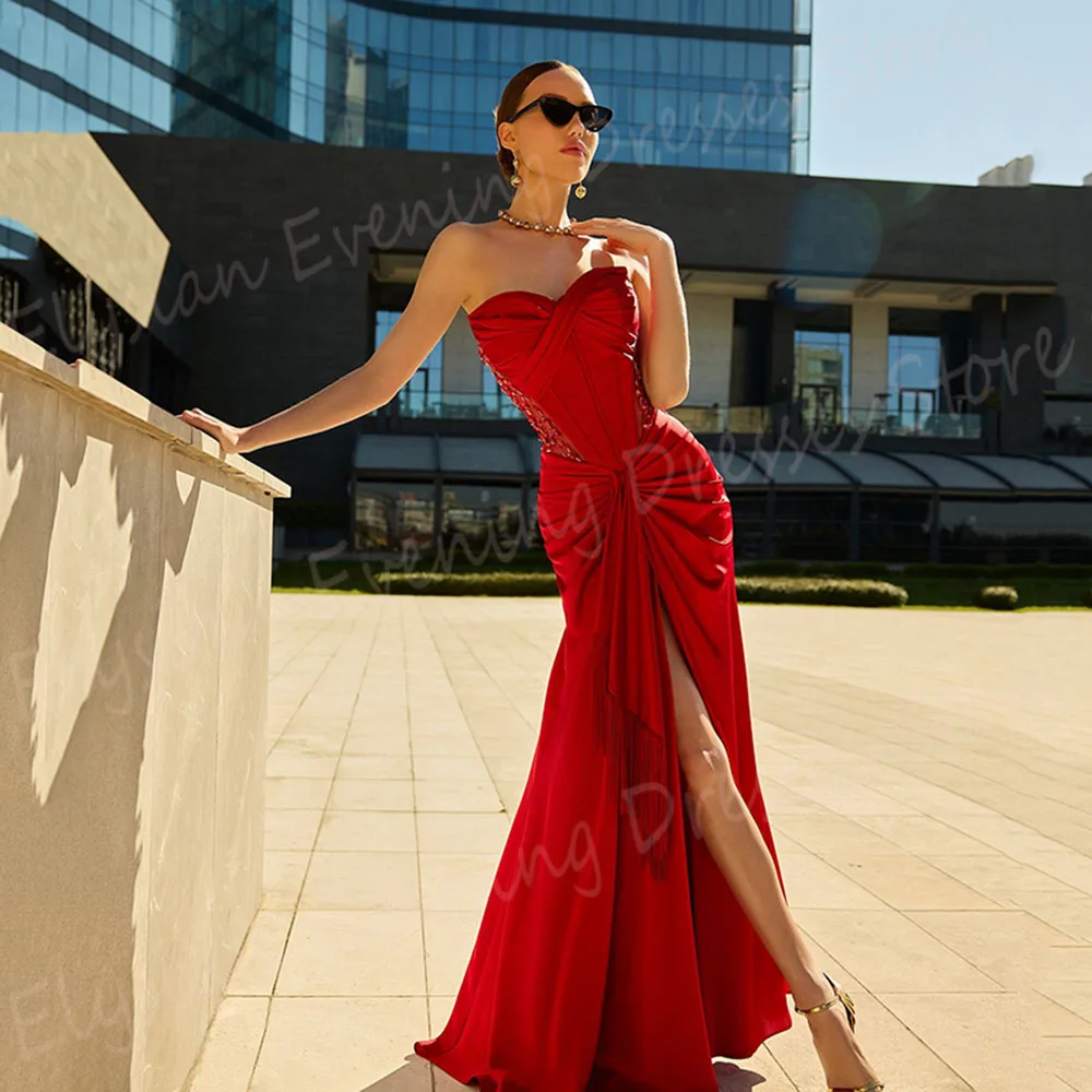 Elegant Red Women's Mermaid Charming Evening Dresses Classic Strapless Sleeveless Prom Gowns Split Beaded Pleated فساتين سهرة