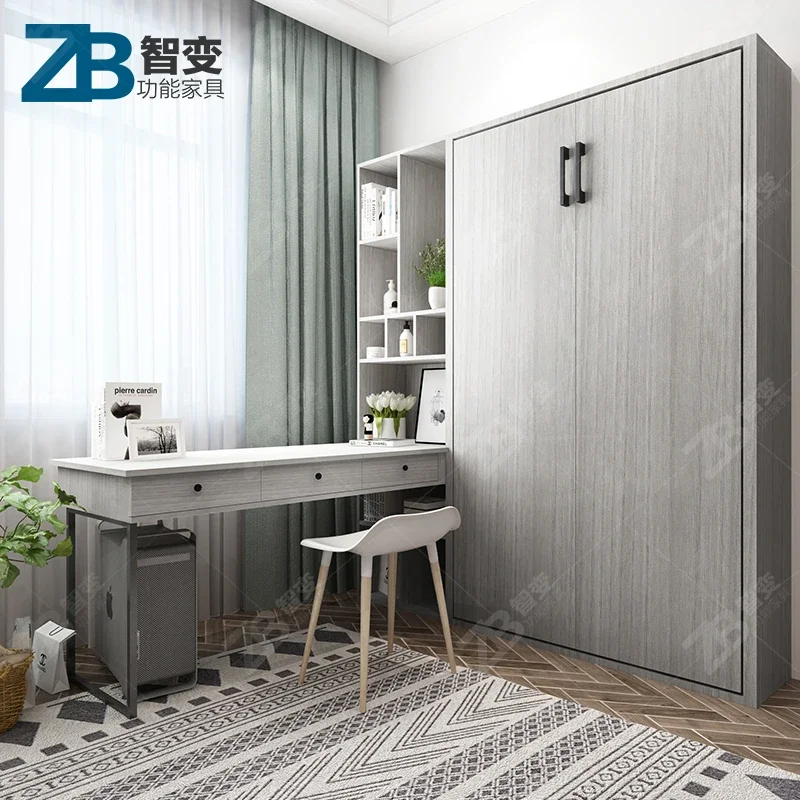 Multifunctional wall cabinet  bookcase folding invisible  desk integrated household bedroom solid wood  double 1.5m