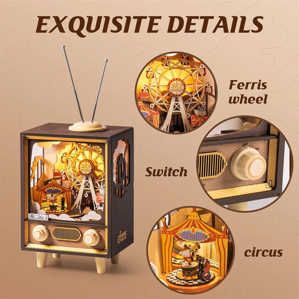 Robotime Rolife Music Box Sunset Carnival with Light 3D Wooden Puzzle  Kits Toys for Children Kids Birthday Gifts AMT01