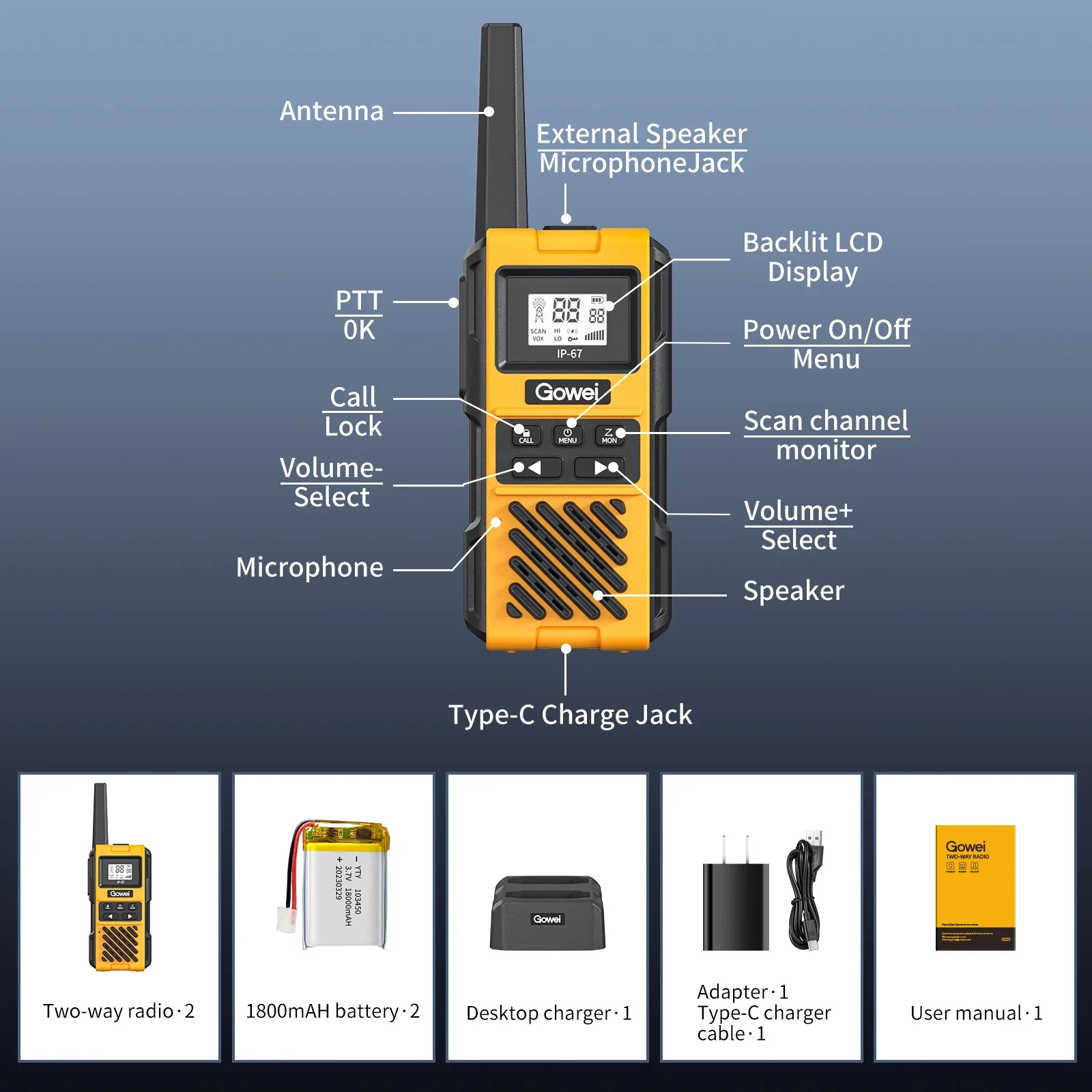 Radio de mano bidireccional, 22 canales, resistente al agua IP67, 2 vatios/0,5 vatios