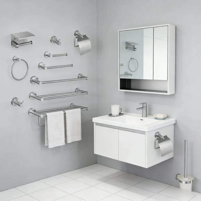 

Комплект аксессуаров для ванной из матовой никелированной стали 304: держатель для полотенец, держатель для туалетной бумаги, мыльница, перекладина для полотенец, аксессуары для туалета