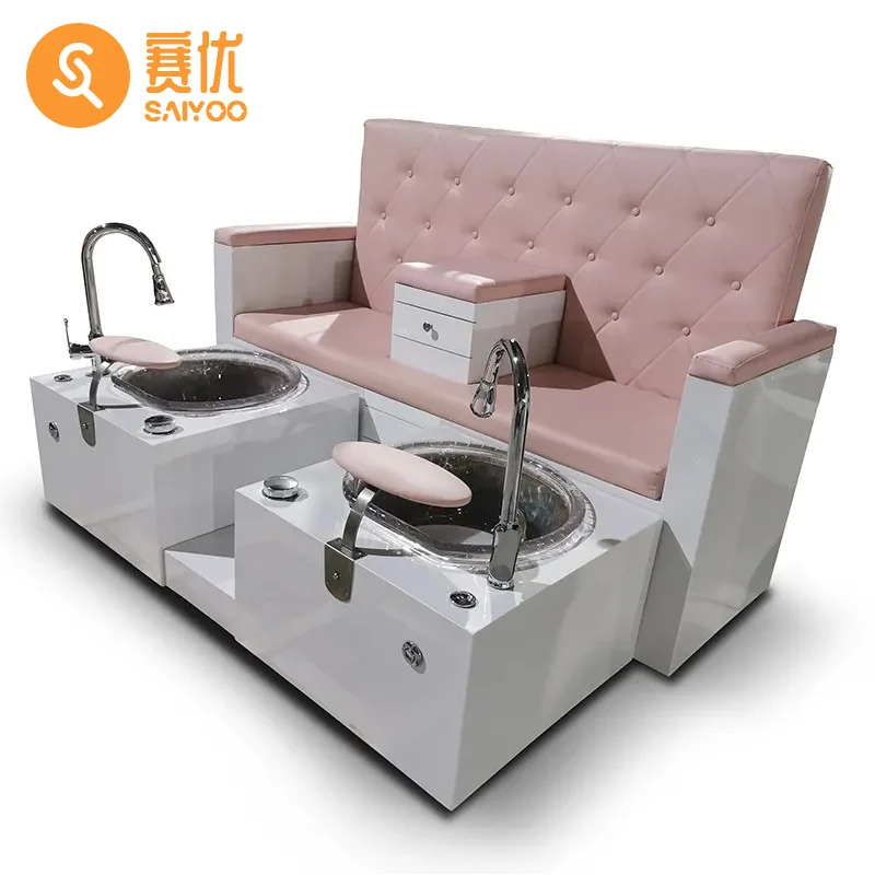 

Customized Double pink Pedicure Chair With Two Basins and Shower for Couples With Storage Compartment in the Middle