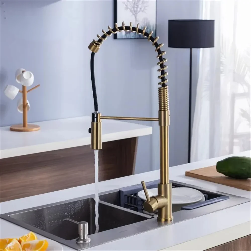 Kitchen Sink Faucets Brass Pull Down spray nozzle Mixer Tap Single Handle Hot & Cold Rotating Brushed Gold Water Crane Tap