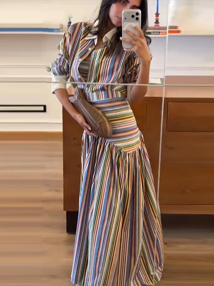 Boho Colorful Stripe Shirt Maxi Dress Sets Turndown Collar Single Breasted Fitted Long Sleeve Flowy Women Dresses 2026 Outfits view 2
