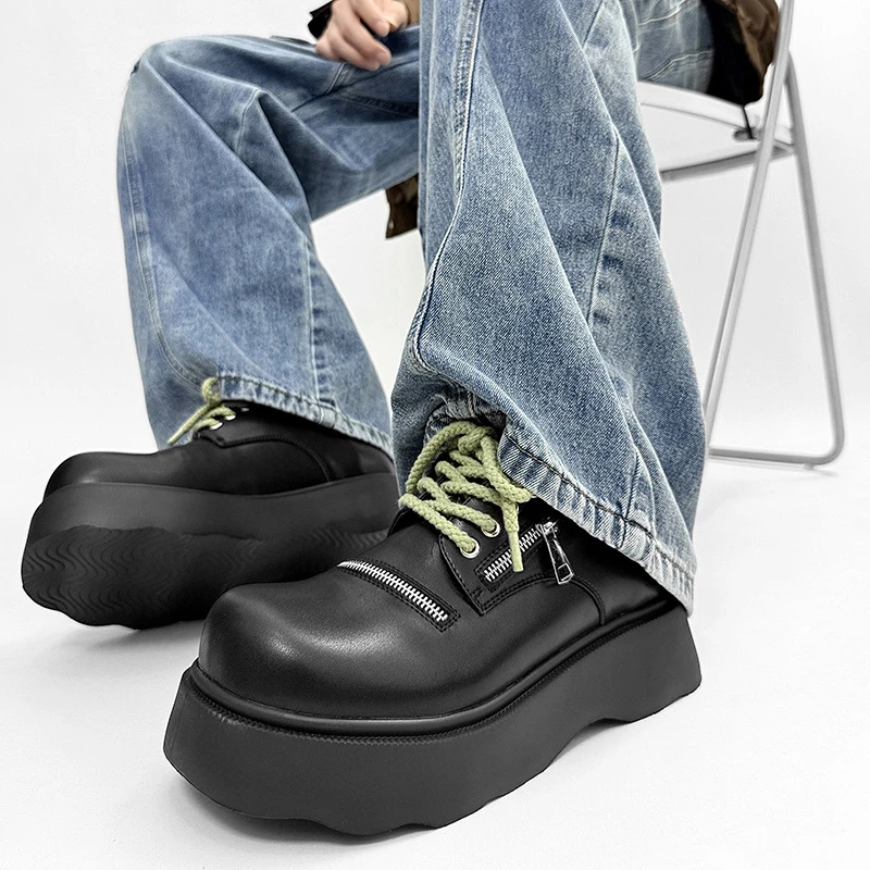 men fashion party prom original leather shoes lace-up derby shoe black designer platform sneakers trendy cool big toe sneakers