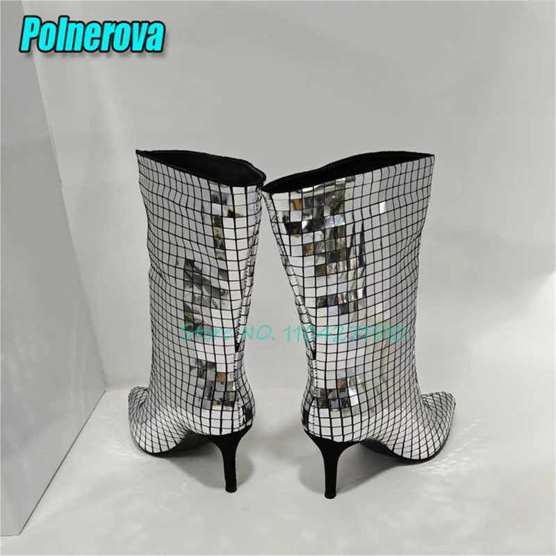 Bling Bling Silver Sequined Mid-Calf Boots Luxury Sexy Pointed Toe High Heels Fashion Women Party Banquet Runway Dress Shoes
