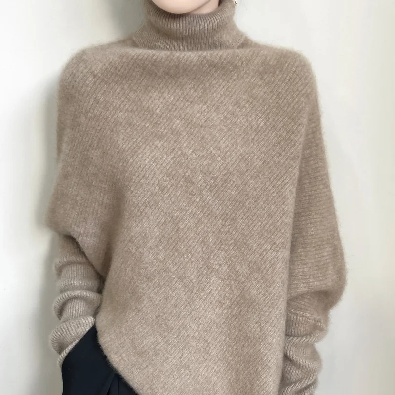 

100% Merino Wool Autumn Winter Batwing Sleeves High Neck Pullover Long Sleeve Knitwear Trendy Stylish Warm Women Cashmere Top