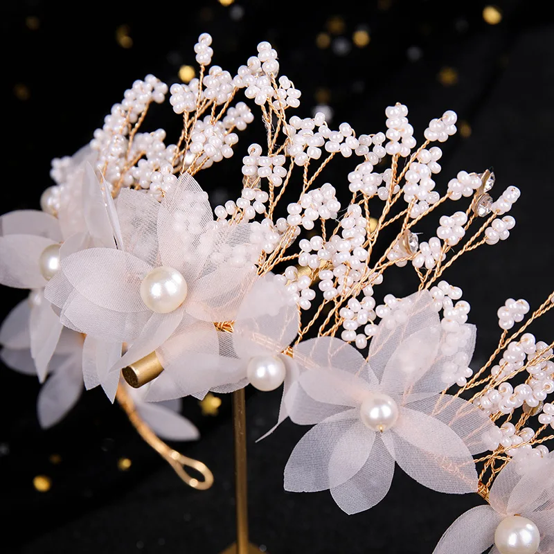 Floral Beaded Headband Earring Set Bridal Hair Hoop and Dangle Petal Rhinestone Pearl Headbands Princess Bridal Crowns Jewelry image 6