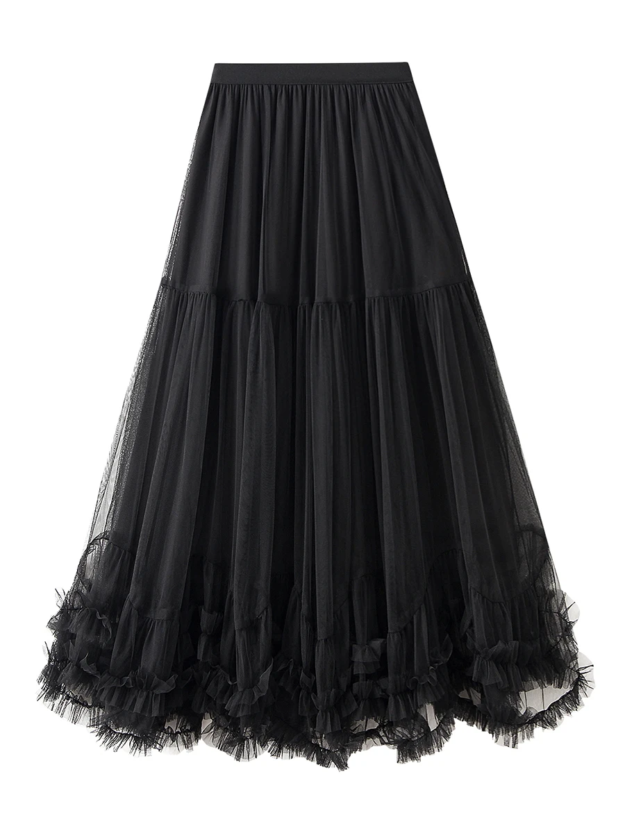 Women’s Tulle Long Skirts Elastic High Waist Ruffle Hem Tutu Skirts Fluffy A-line Midi Skirts