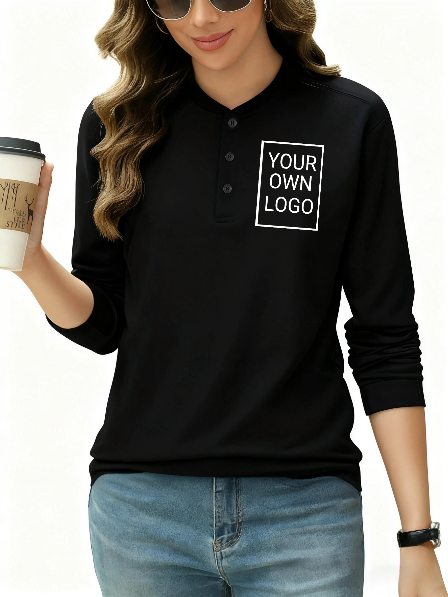 Personalizza l'immagine del logo T-shirt Henley da donna T-shirt autunnali casual T-shirt da lavoro larghe in cotone manica lunga unisex fai da te