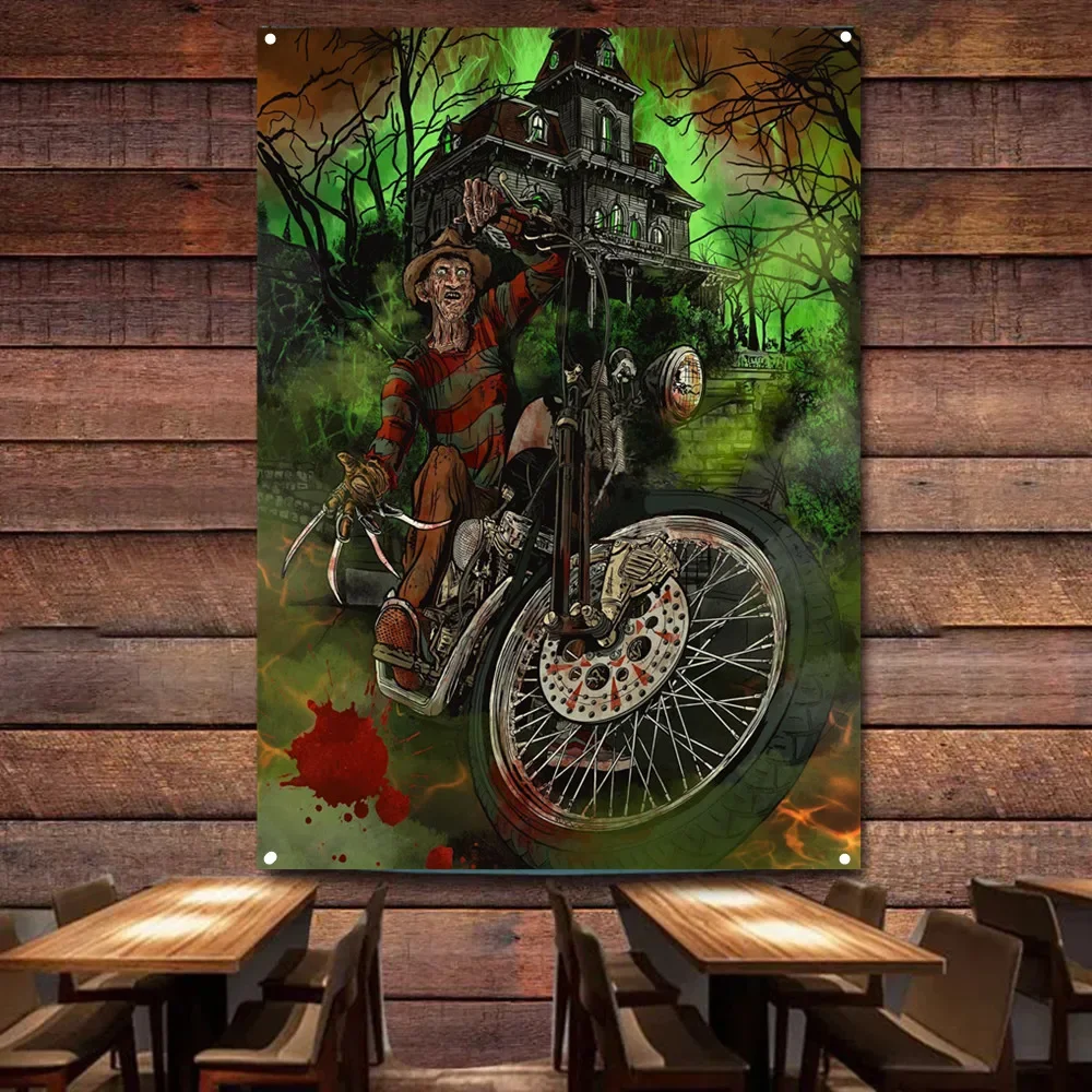 Zombie Biker Art Poster Wall Hanging Painting Garage Flag Motorcycle Repair Shop Gas Station Wall Decor Banners Home Tapestry