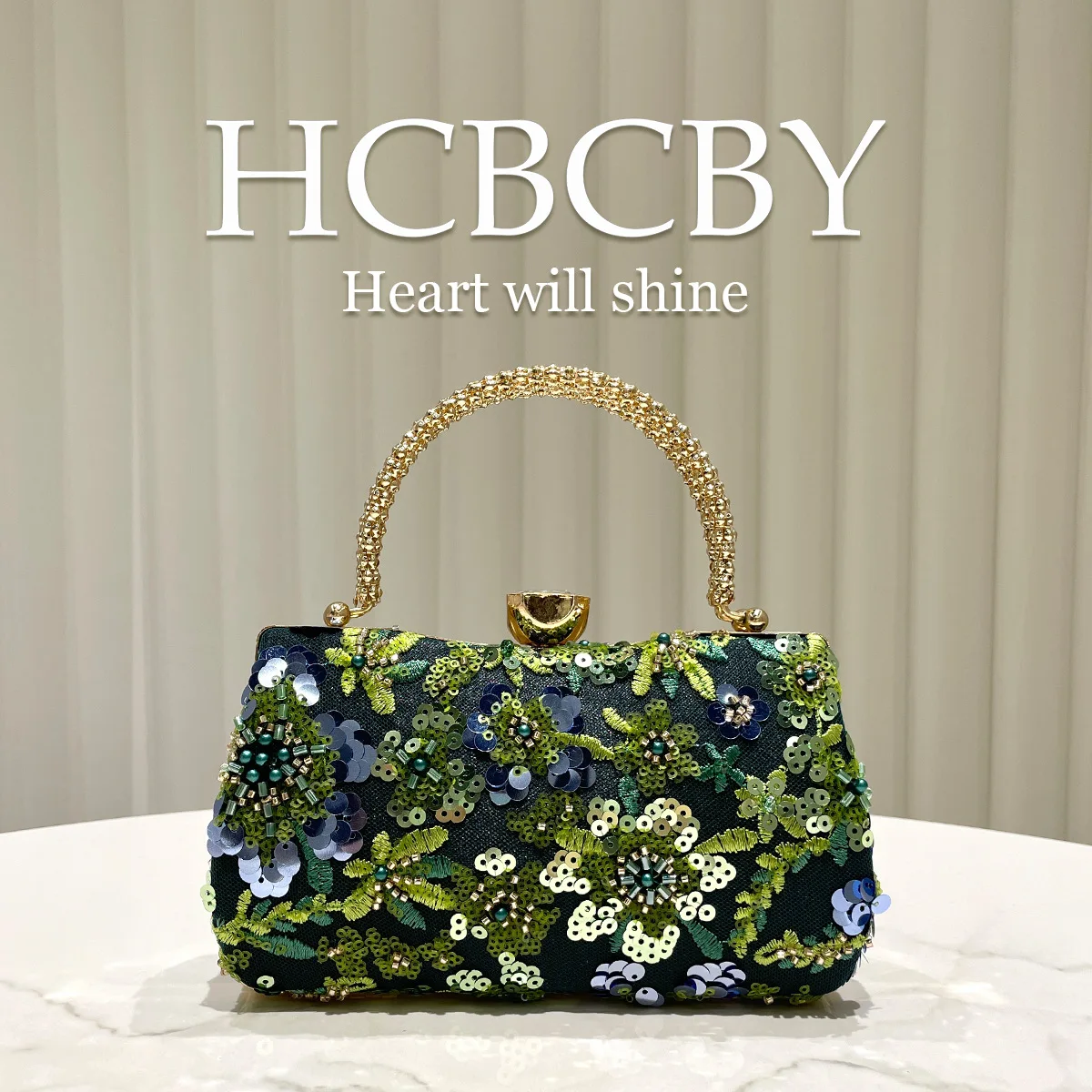 

Vintage Elegant Dark Green Evening Bags for Women Fashion Fine Sequin Flower Square Clutch Purse Prom Party Chain Shoulder Bag