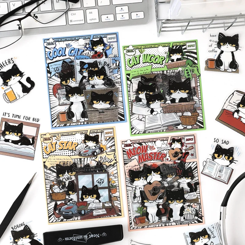 20 Stück Cartoon-Aufkleber-Set mit schwarzen Katzen, niedliche lustige Katzenmuster, für Tagebuch, DIY-Dekoration