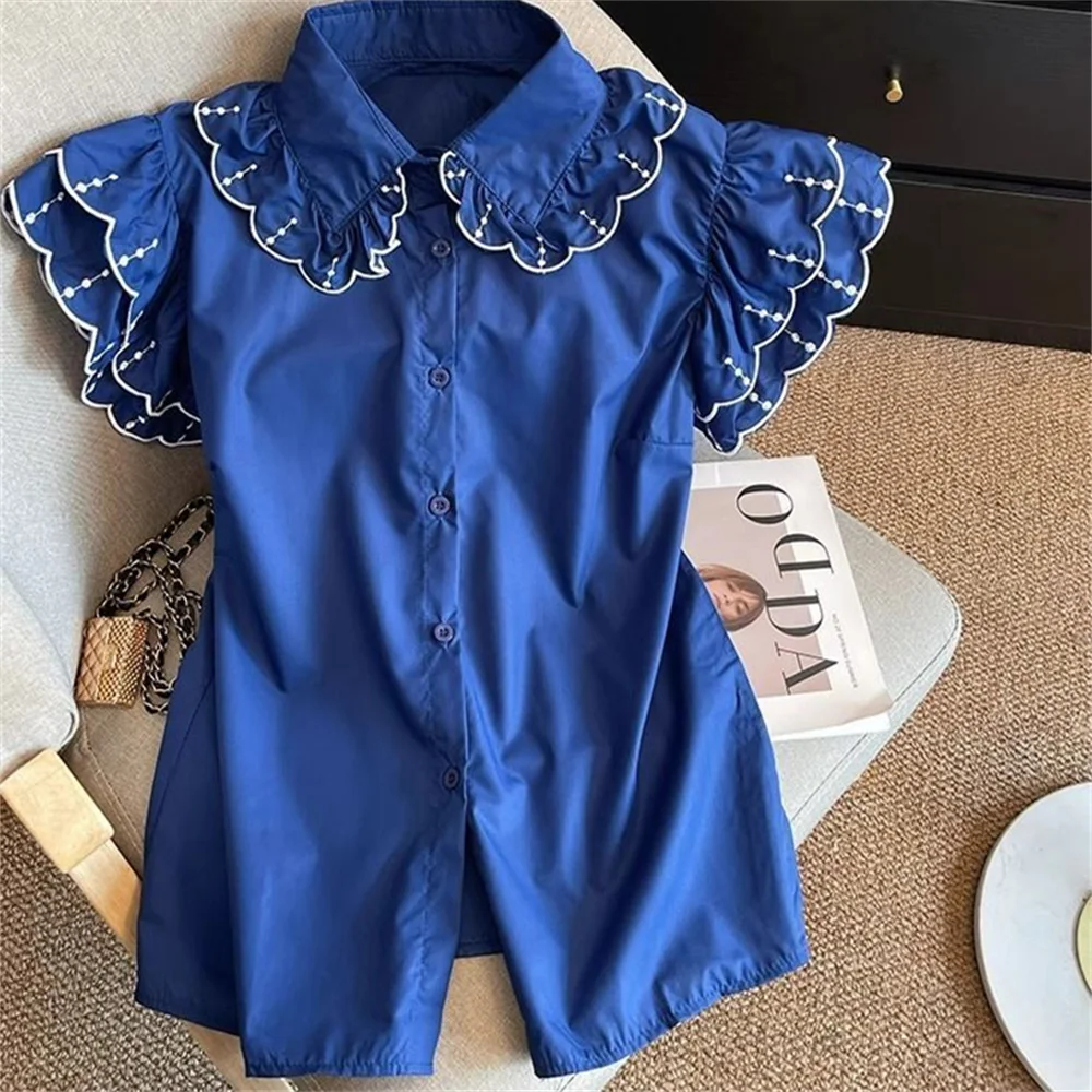 

Blue Elegant Short Flying Sleeve Shirt Women's 2026 Summer New Style Vintage Sweet Peter Pan Collar Single Breasted Blouses Tops