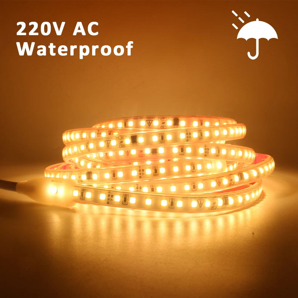 

220V 230V SMD 2835 LED Strip Light Waterproof 120LEDs/m 1M 2M 3M 4M 5M 10M 15M 20M Warm White Flexible Tape Lamp Room Lighting