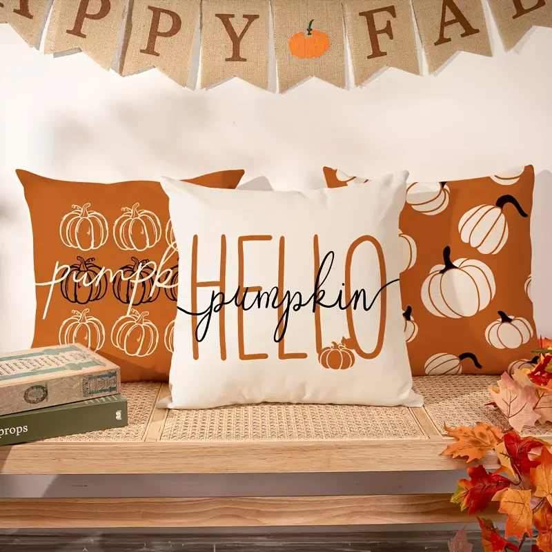 Autumn Hello Pumpkin Pillowcase, Orange White Fall Harvest Decor, Thanksgiving Farmhouse Cushion Cover for Sofa Couch Car Decor