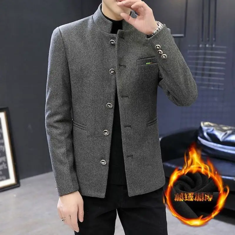 Boutique Men\'s Thickened Stand-up Collar Elegant Blazer Casual Korean Version of The Slim Youth Tunic Woolen Small Suit Jacket