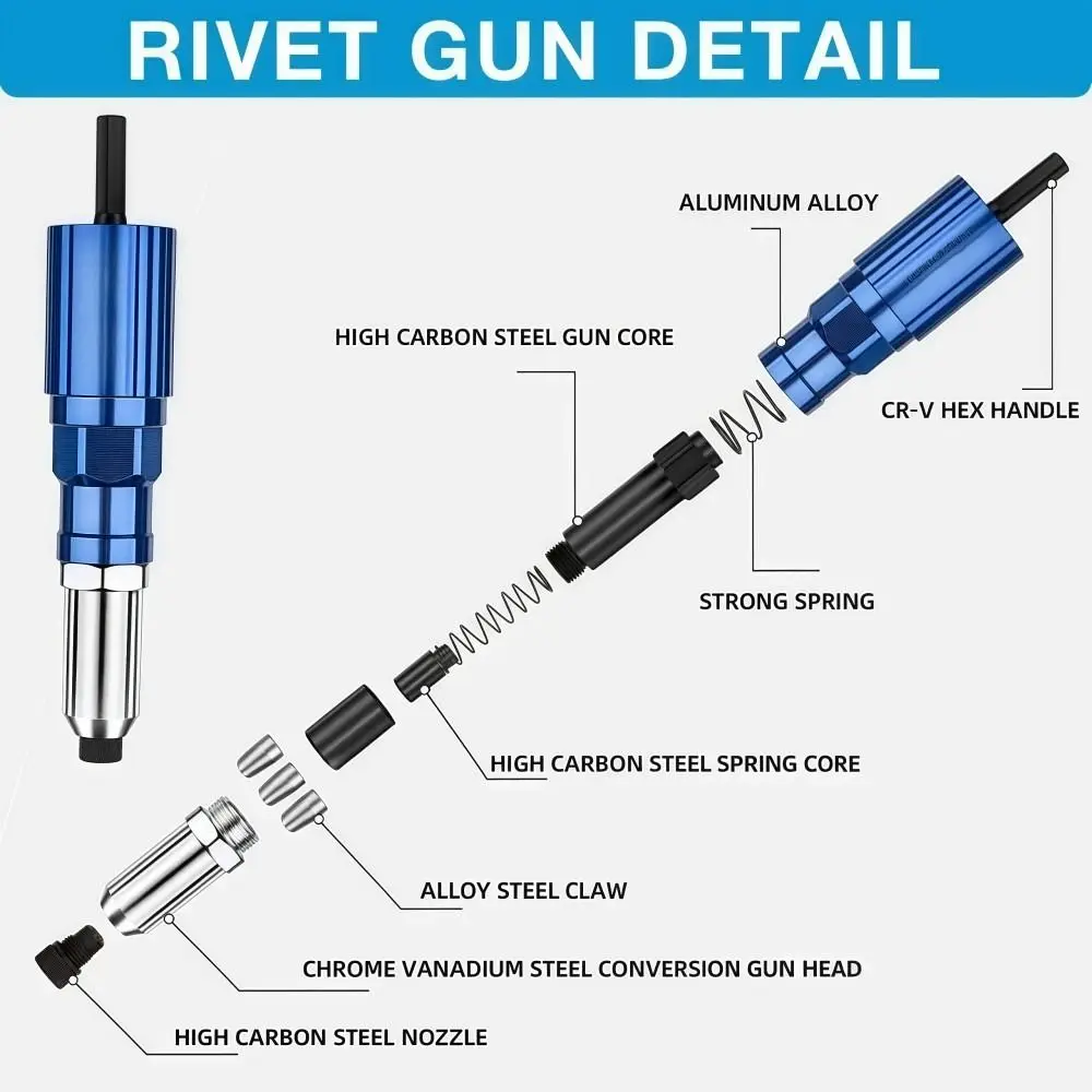 Aluminum Alloy Electric RivetGun Adapter Portable Cordless RivetGun Adapter Kit Durable Lightweight Electric Drill RivetGun