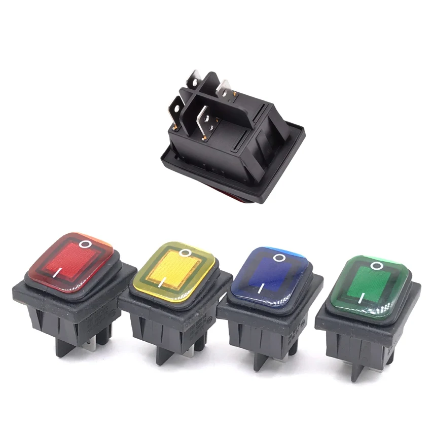 1Pcs KCD4 Waterproof Rocker Switch 4 Pin self-locking 16A 250VAC ON OFF Red/ Green /Yellow /Blue LED Light Button Switch adapter