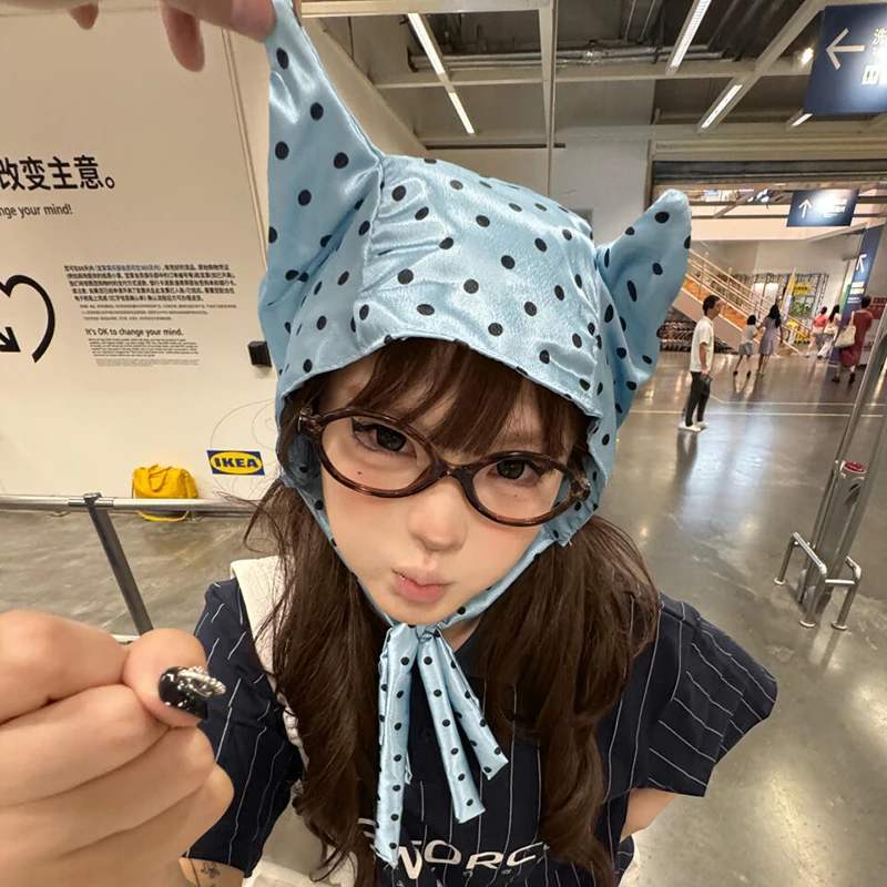 Korean Version Pink Polka Dot Satin Little Devil Corner Strap Pullover Hat Women Spring and Summer Sweet Niche Cute Headband