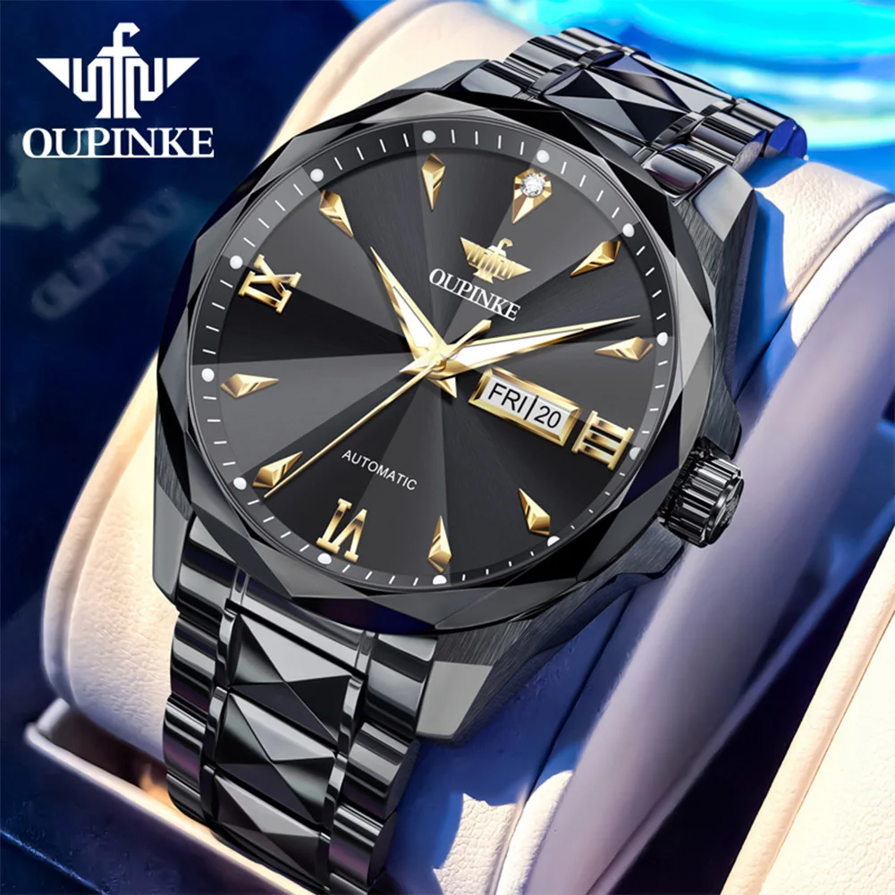 OUPINKE Japan Mechanical Movement Automatic Watch For Men Fashion Rhombus Mirror Tungsten Steel Waterproof Luxury Man Watch 3315