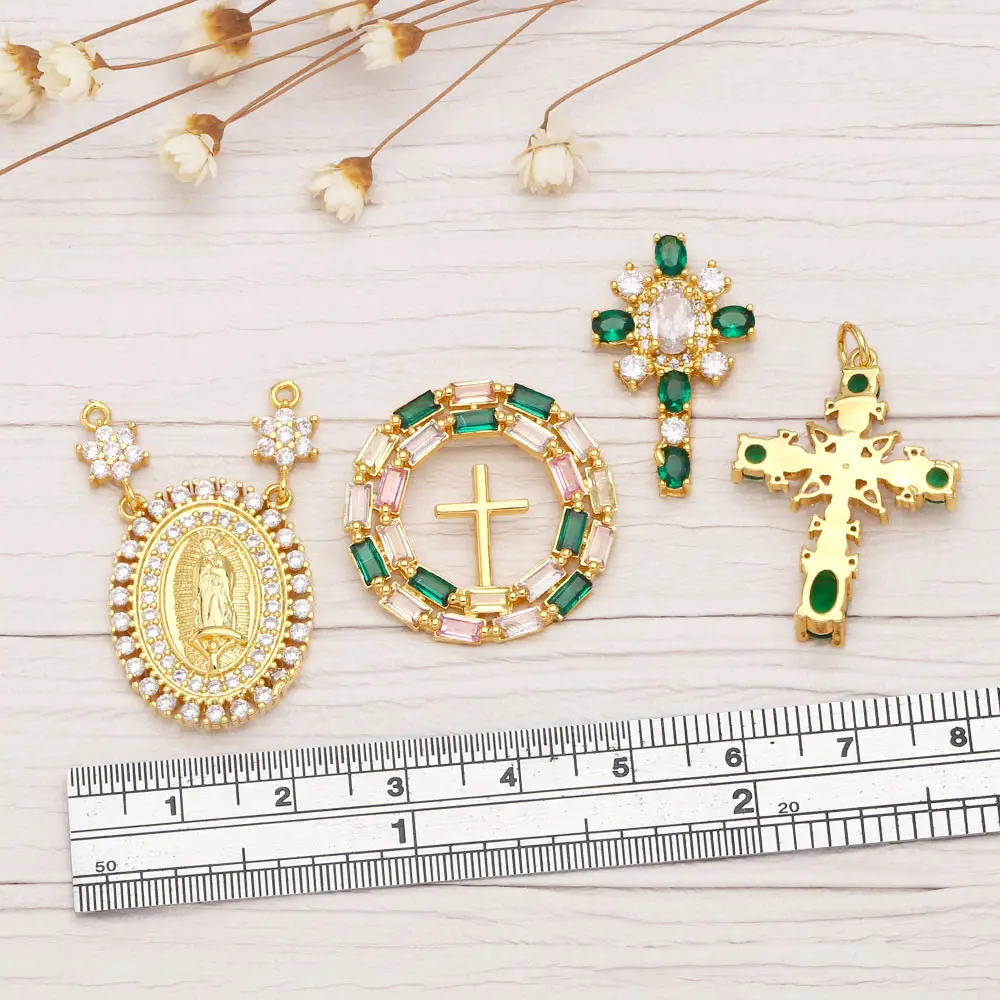 OCESRIO Copper CZ Virgin Mary Pendant for Necklace Gold Plated Green Cross Jewelry Making Supplies Beads Crucifix pdta818