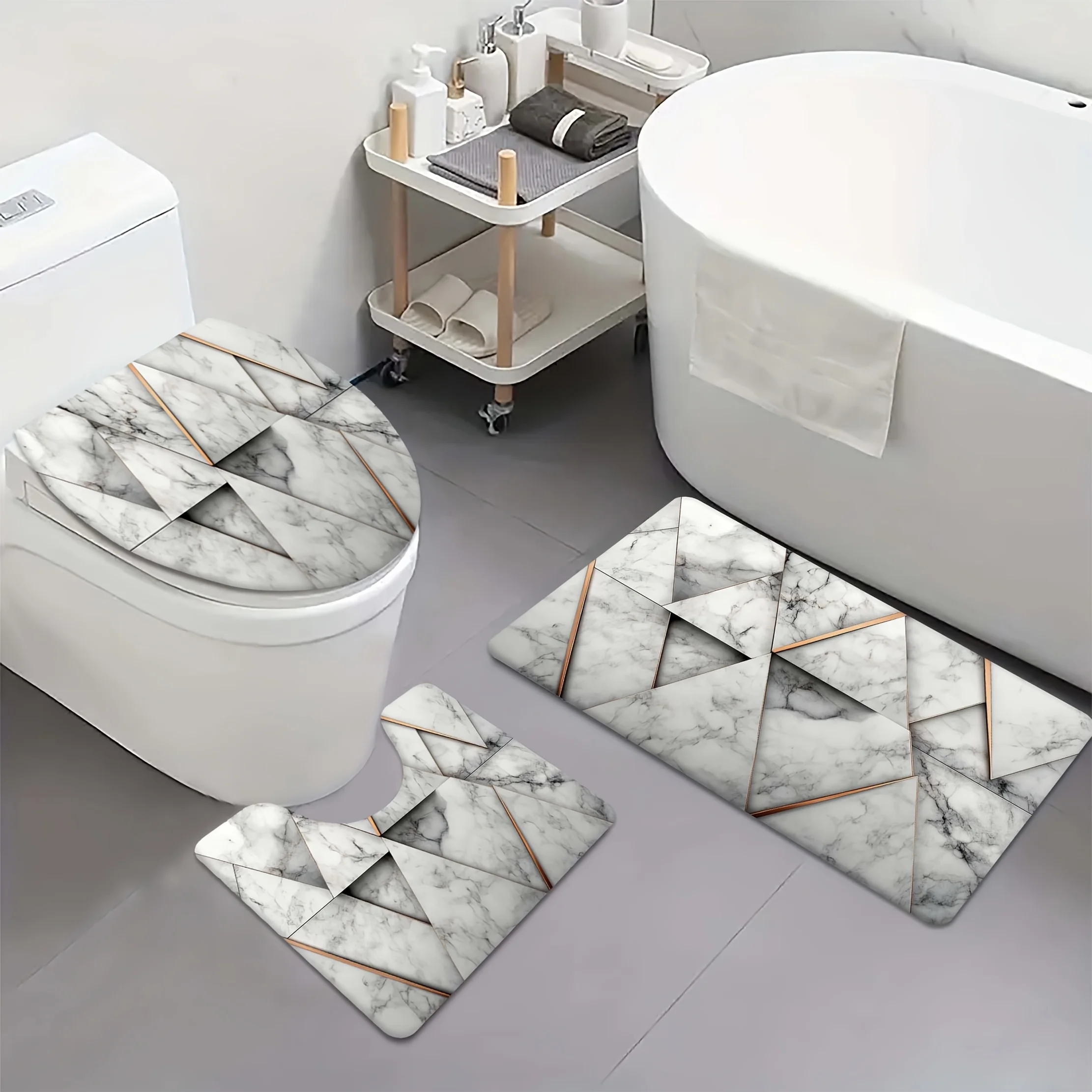 

3-piece marble geometric bathroom decor set, polyester fabric, machine washable, U-shaped mat, toilet seat mat, non-slip mat