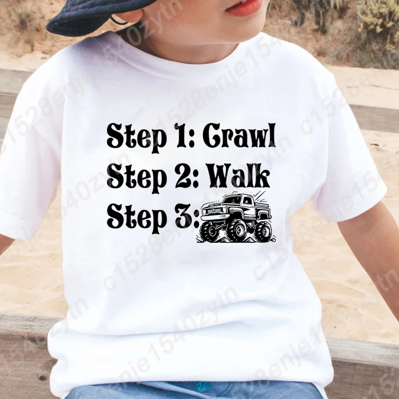 Summer Children's Clothes Step 1 Grawl Step 2 Walk Step 3 Truck Graphic T-shirt Kids Boys Short Sleeve Round Neck Tee Shirt Tops