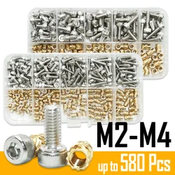 M2 M2.5 M3 M4 Brass Insert Nut and 304 Stainless Steel Hex Socket Head Cap Screw Set Hot Melt Knurl Embedment Copper Nuts Bolt