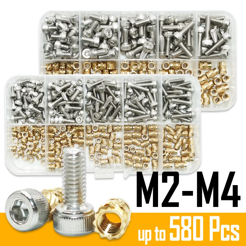 M2 M2.5 M3 M4 Brass Insert Nut and 304 Stainless Steel Hex Socket Head Cap Screw Set Hot Melt Knurl Embedment Copper Nuts Bolt