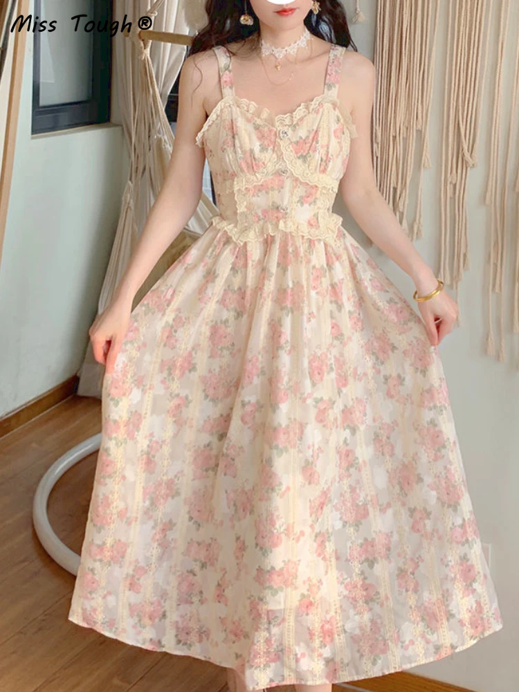 Elegant Floral Fairy Dress Women Strap Sexy Party Midi Dresses Casual Design Chic Printing High Waist Fashion Female Dress 2022