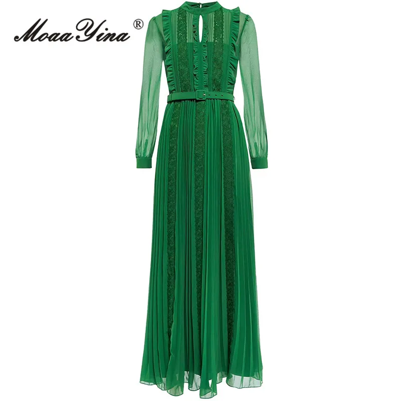 MoaaYina Spring Fashion Runway Green Vintage Pleated Dress Women Stand Collar Lace Ruffles Sashes Gathered Waist Slim Long Dress