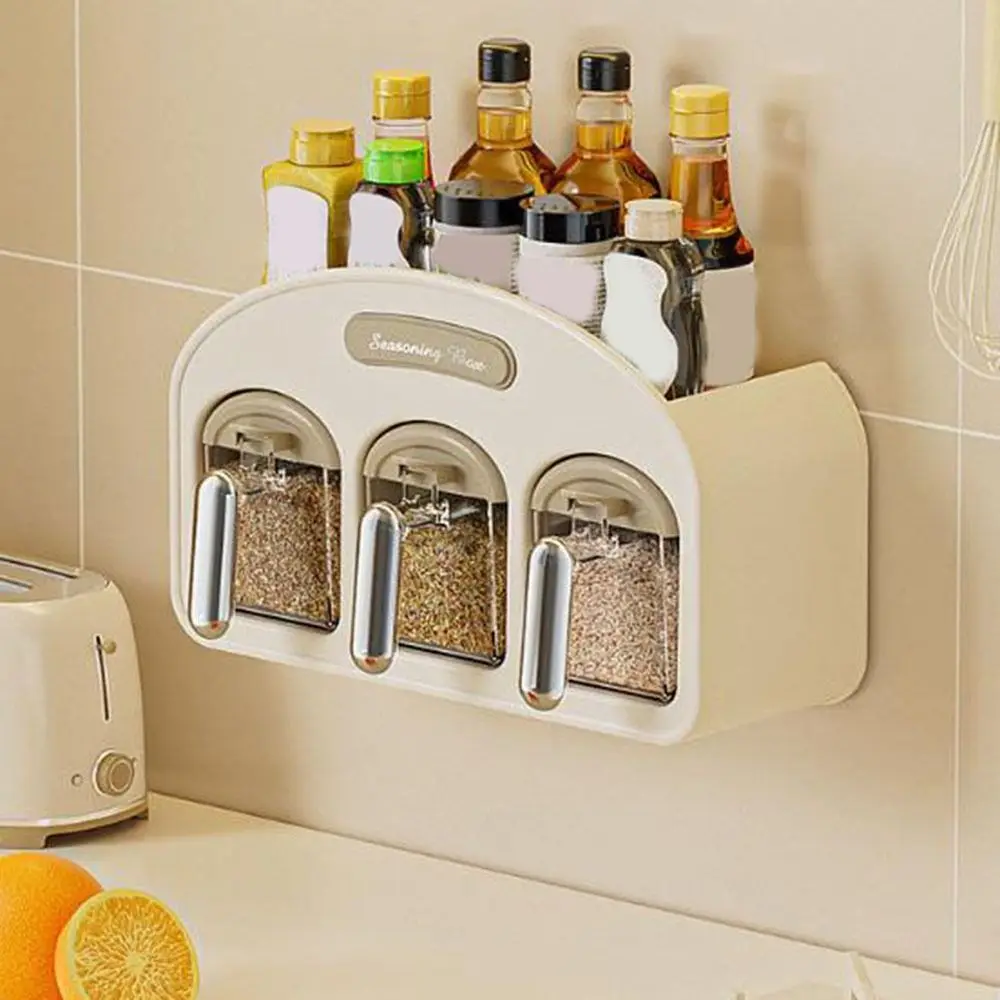 

Plastic Wall Mounted Seasoning Box Sealed Moisture-proof Condiment Storage Box with Spoon Space Saving Spice Storage Rack