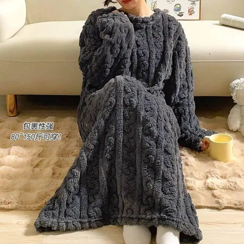 

Зимний женский пижамный комплект, свободная одежда для сна с длинным капюшоном, халат, ночная рубашка, бархатный домашний халат для девочек, утепленная теплая одежда для дома