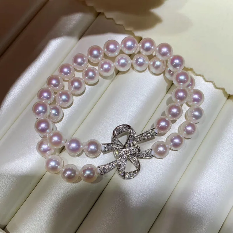 Natural Freshwater Pearl Bow S925 Sterling Silver Double-Layer Bracelet 8-9mm