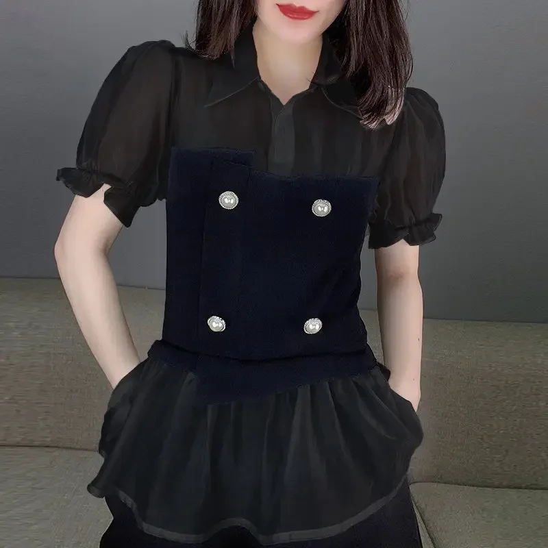 

Formal Short Sets for Women 2 Pieces Shirts & Blouses Black Splicing Vacation Outfits 2025 Novelty In Korean Style Woman Shorts