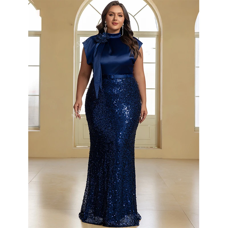 Robe De Festa longue en Satin bleu pour femmes, manches cape, paillettes, grande taille, pour Cocktail, bal De mariage, soirée, été