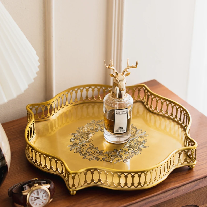 

Hollow Brass Storage Tray Vintage Home Tray Kung Fu Tea Set Plate Jewelry Makeup Storage Tray Hand Carved Durable Wear Resistant