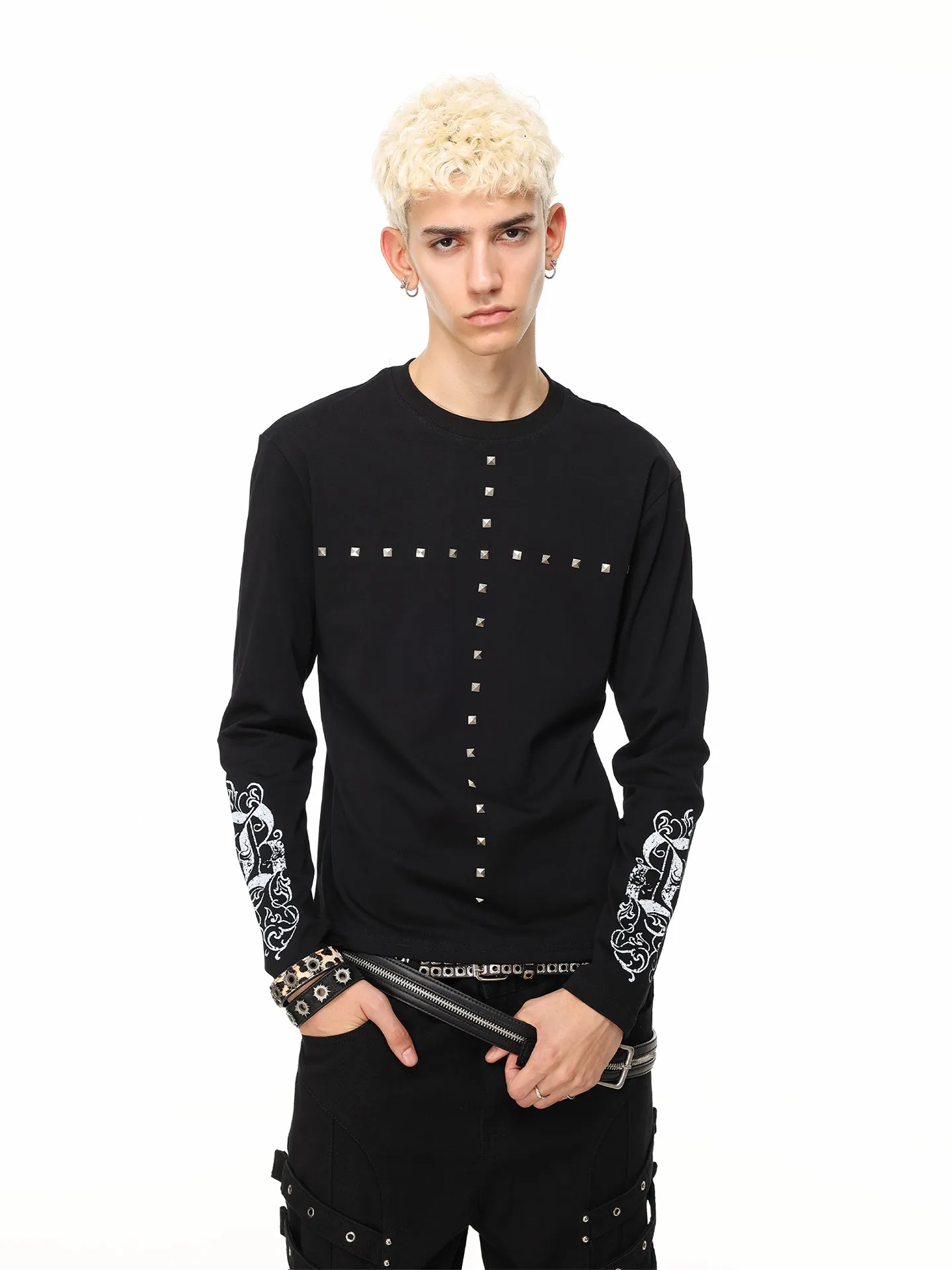 Men Women Street Subculture Rivet Cross Punk Printed Long Sleeve T Shirt Early Fall Cool Cropped Pure Cotton Top