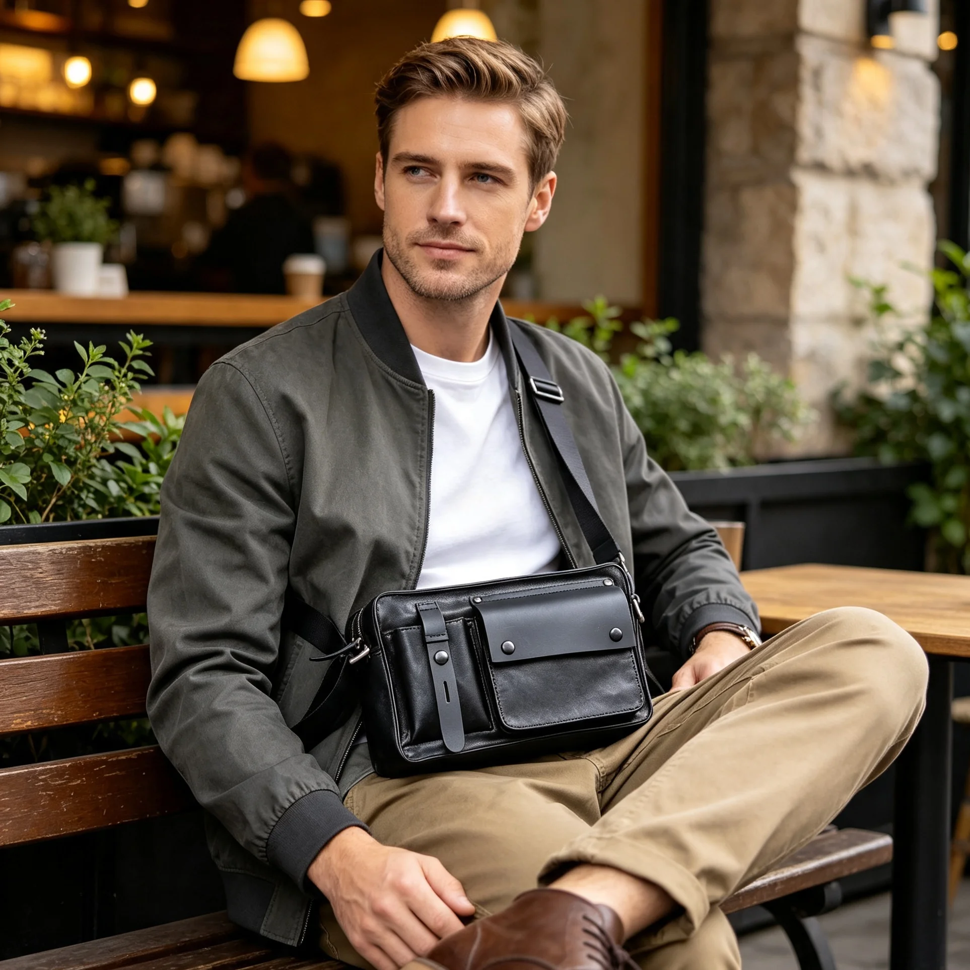 Oberschicht aus pflanzlich gegerbtem Echtleder, Herren-Umhängetasche, Crossbody-Tasche, lässiger, modischer, minimalistischer Stil – Detail 4